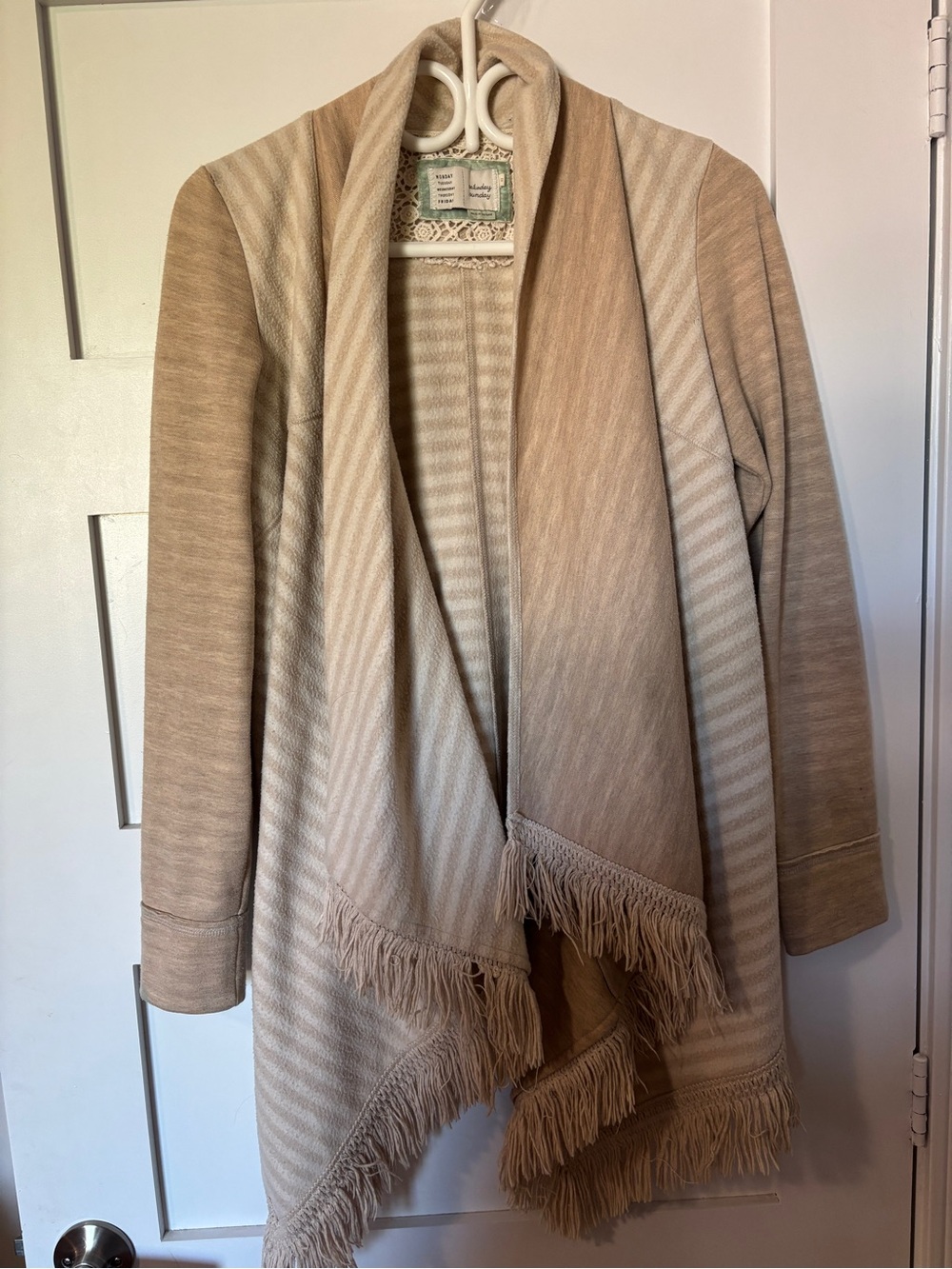 SATURDAY SUNDAY XS Elise Striped Tan Cream Fringe Wrap Open Cardigan Sweater